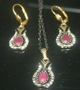 HANDMADE TURKISH OTTOMAN 0.7 CARAT RUBY CZ TULIP VINTAGE BOHO BRONZE JEWELRY SET