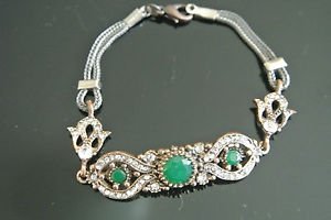 Turkish 2 Ct Round Emerald CZ Victorian Ottoman Chain Rustic Brass Bracelet