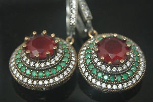TURKISH OTTOMAN VICTORIAN STYLE 925 SILVER 2.5 CARAT RUBY CZ FLOWER EARINGS