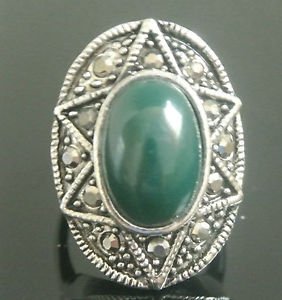 TURKISH BRONZE VICTORIAN 6 CARAT JADE UNISEX MARCASITE RING SULTAN SIZE 6.25
