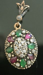 Ottoman Victorian 0.2 Carat Ruby & Emerald 925 Sterling Silver Flower Pendant