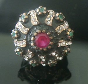 Turkish 0.7 Carat Emerald & Ruby CZ Handmade Bronze Size 8.5 Sultan Medal Ring