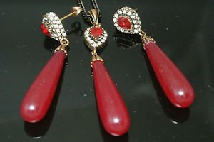 Ottoman Victorian Handmade Mixed Metals Red 1.5 Inch Ruby Drops Rhinestones Set
