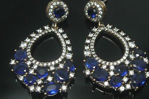 TURKISH OTTOMAN VICTORIAN 925 SILVER 0.75 CARAT SAPPHIRE SWIRL SULTAN EARINGS
