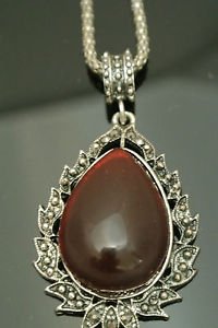 BRONZE CLASSIC TURKISH OTTOMAN VICTORIAN STYLE MARCASITE PEAR AGATE PENDANT