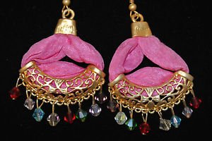 Bronze Turkish Mix Crystal Ottoman Victorian Style Pink Silk Huggie Earings