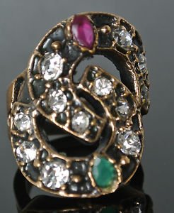 TURKISH OTTOMAN SIZE 6.5 0.33 CARAT EMERALD & RUBY & CZ HANDMADE BRONZE RING