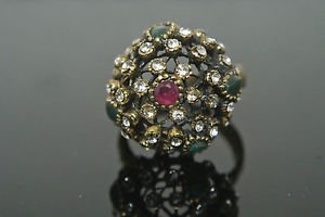 Handmade Bronze Size 11 0.2 Carat Emerald&Ruby Ottoman Victorian Swirl Cage Ring