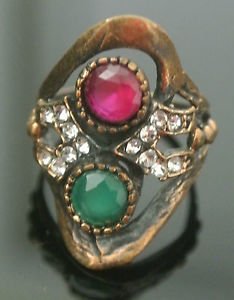 Turkish 0.5 Carat Emerald&Ruby Handmade Bronze Flower Size 6.5 Swirl Boho Ring