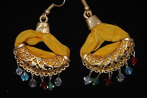 Bronze Turkish Mix Crystal Ottoman Victorian Style Yellow Silk Huggie Earings