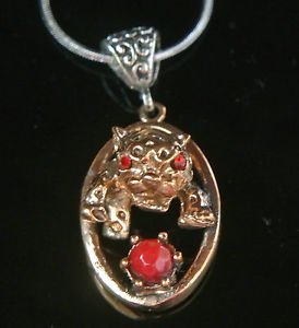 Vintage Reproduction Ottoman Turkish Bronze Ruby Leopard Pendant w Free Chain