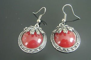 CLASSIC TURKISH OTTOMAN MARCASITE ROUND AGATE EMBRODIREY DANGLE EARRINGS
