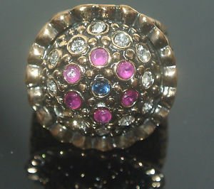 Turkish Ottoman Bronze Handmade 0.1 Carat Sapphire & Ruby Round Size 8 Ring