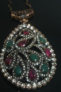 Turkish Ottoman Georgian Designer 0.5 Ct Ruby&Emerald Sultan Bronze Pear Pendant