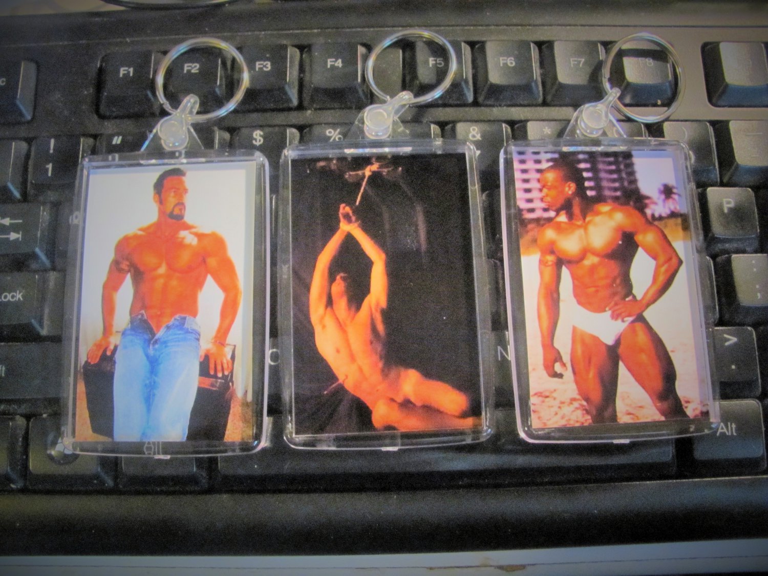 Hunky guys, muscle men key chains, large size, double sided, choice of 6 fetish men.