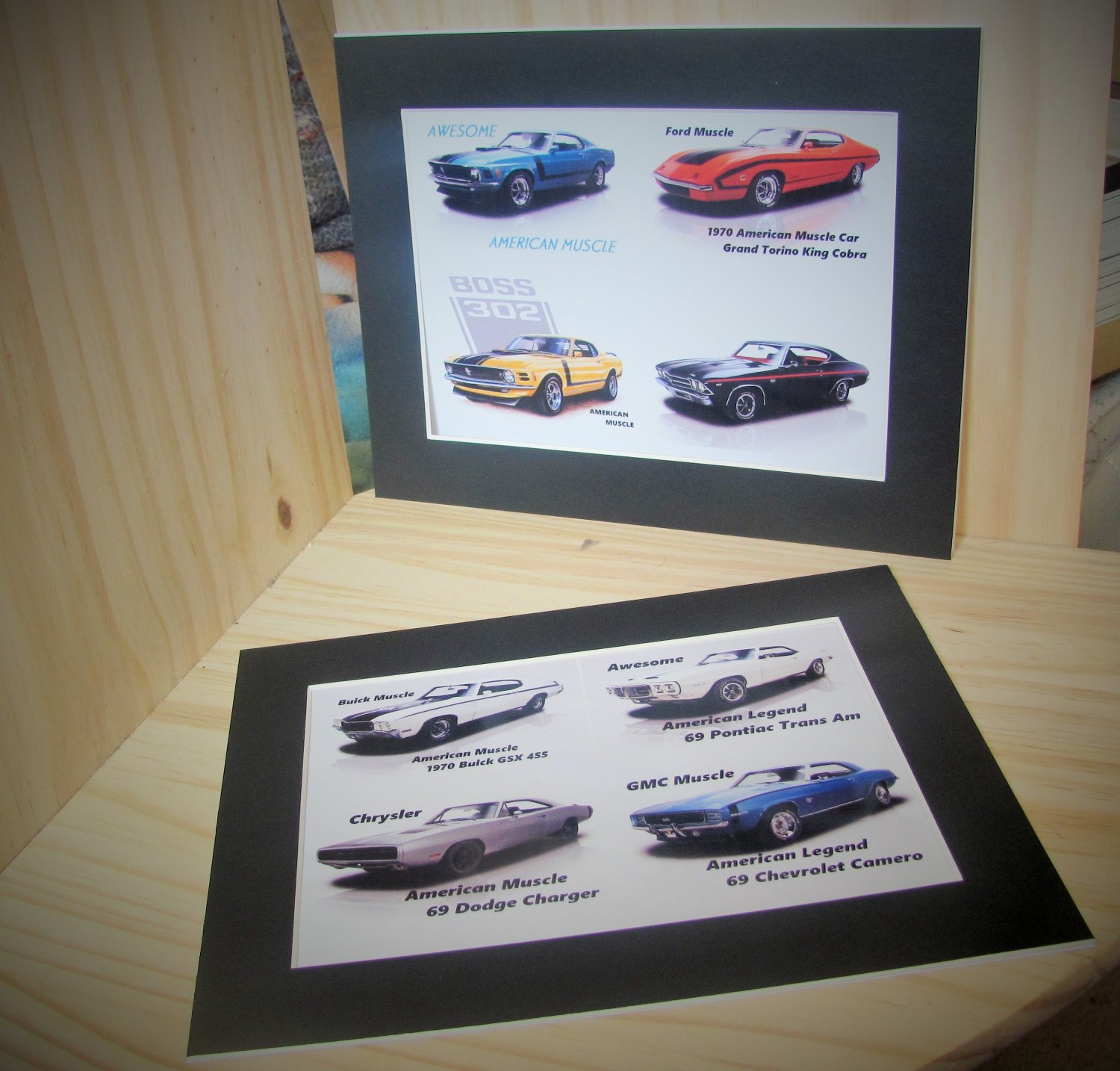 American muscle car prints x 2, 10" x 8" mounted in black frame mounts