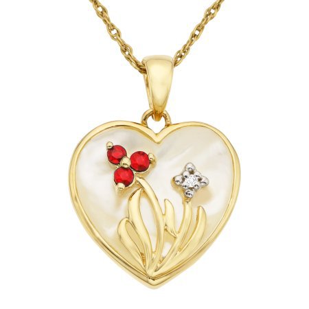 GORGEOUS 10KT YELLOW GOLD DIAMOND PEARL RUBY HEART PENDANT NECKLACE CHAIN