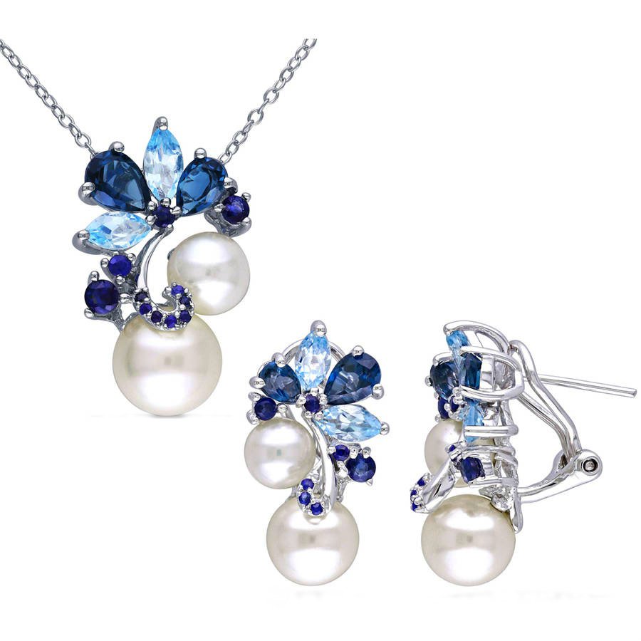 GORGEOUS CULTURED FRESHWATER PEARL SAPPHIRE LONDON SKY BLUE TOPAZ NECKLACE AND EARINGS SET