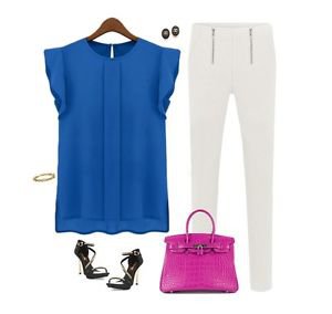 NEW Women's Cute Career Top Blouse in Blue Chiffon Sleeveless - Small & Medium
