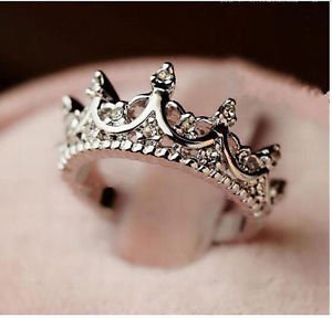 NEW Princess Crown Ring Bejeweled Silver Tone With Crystal Accent Cute Vintage