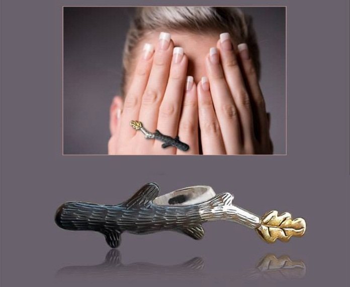 Hande Made Silver Hope Ring - 925 Sterling Silver + 18kt Gold Plated leaf
