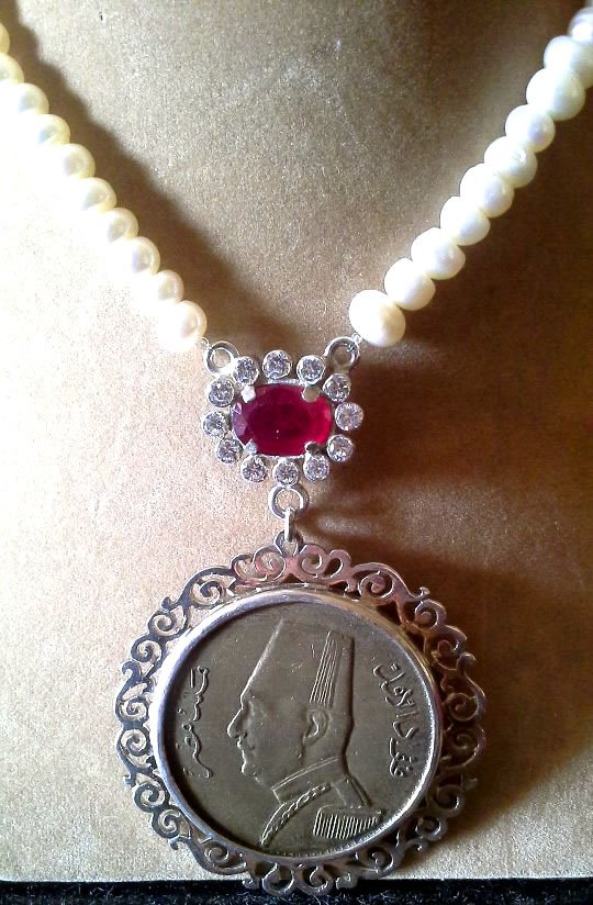 Antique Necklace with King of Egypt Coin, Beaded with Fresh Water Pearl - 925 Sterling Silver