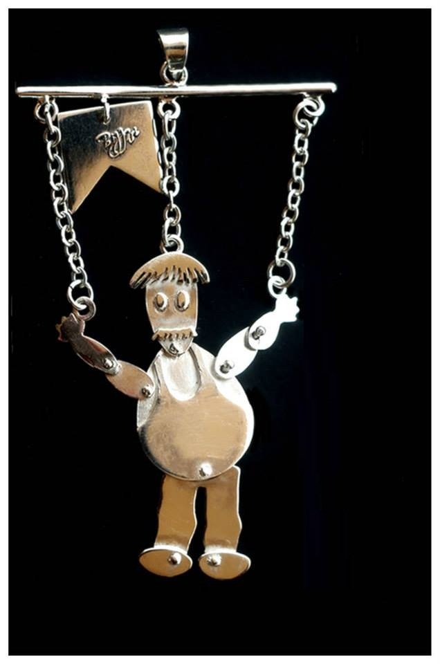Chubby Farmer Marionette Sterling Silver Pendant / Key Chain - handmade