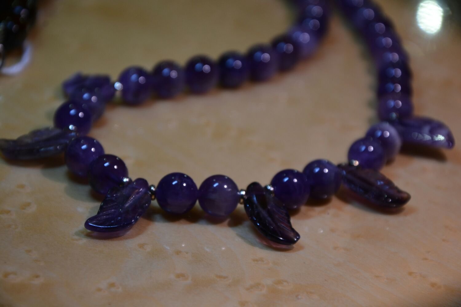 Amethyst Leaves Necklace ends with wood beads