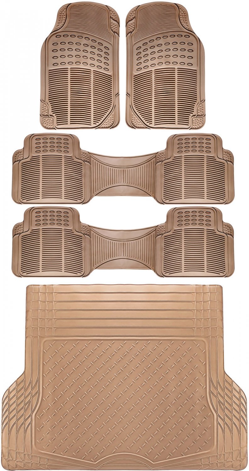 5pc All Weather Heavy Duty Rubber SUV Floor Mat Beige 3 Row & Trunk Liner 3A