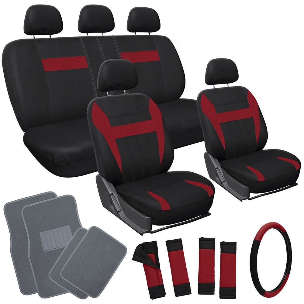 20pc Set Red Black Car Seat Cover Wheel Cover Head Rests gray Floor Mats 1E