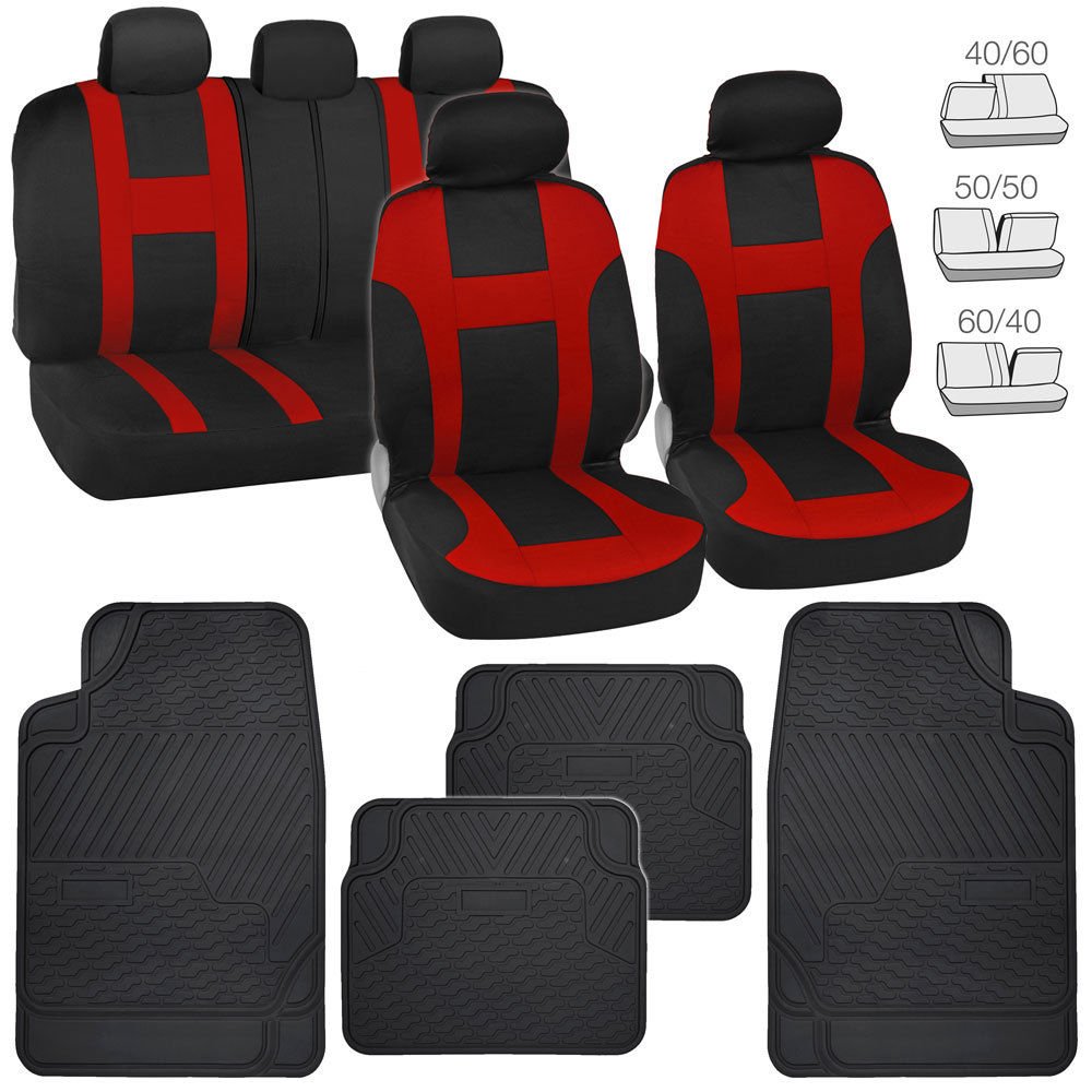 Red on Black Cloth Polyester Car Seat Covers Protector w/ Rubber Floor Mats Auto