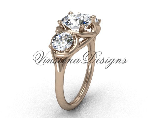 14kt rose gold Three stone engagement ring, "Forever One" Moissanite VD10014