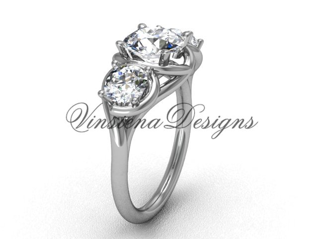 Platinum Three stone engagement ring,"Forever One" Moissanite VD10014
