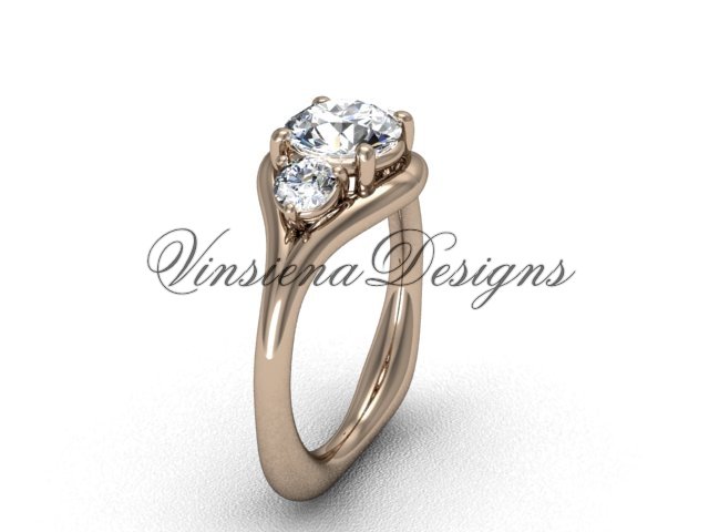 Unique 14kt rose gold Three stone engagement ring,"Forever One" Moissanite VD8112