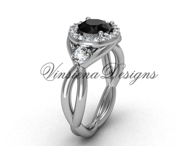 Unique 14k white gold Three stone engagement ring,Black Diamond VD8127