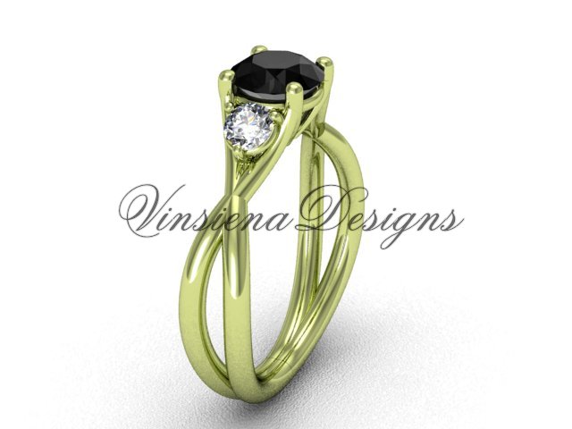 Unique 14kt yellow gold Three stone engagement ring, Black Diamond VD8212