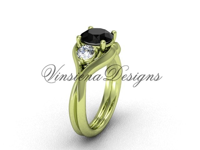 Unique 14kt yellow gold Three stone engagement ring,Black Diamond VD8220