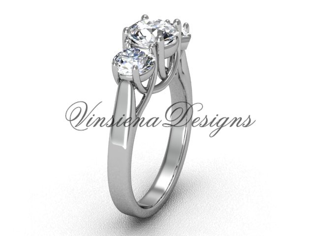 14kt white gold Three stone engagement ring, "Forever One" Moissanite VD10019