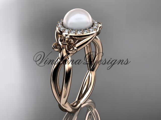 14kt rose gold diamond Fleur de Lis pearl engagement ring VP10023