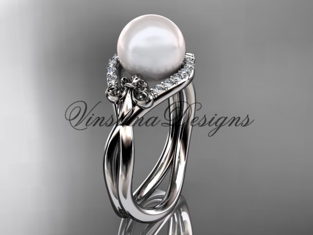 14kt white gold diamond Fleur de Lis pearl engagement ring VP10026
