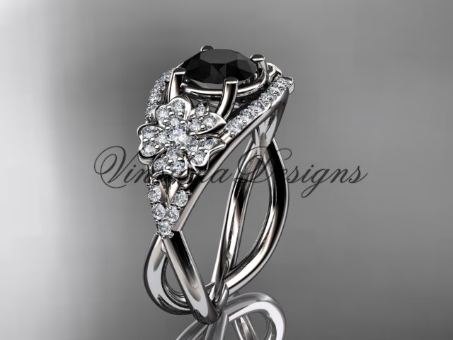 14kt white gold diamond Cherry Blossom flower, Sakura engagement ring Black Diamond VD8088