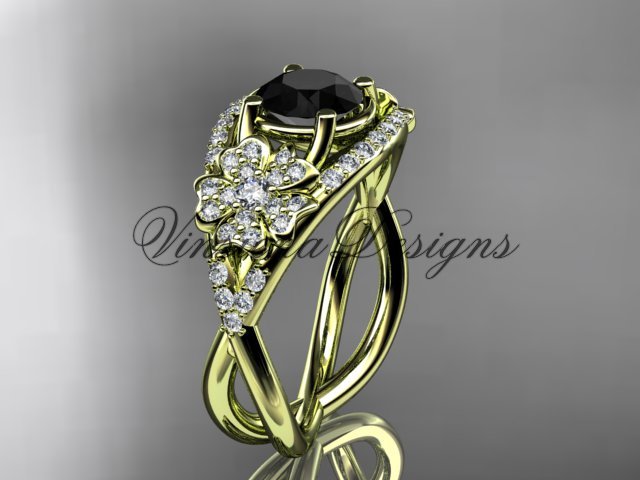 14kt yellow gold diamond Cherry Blossom flower, Sakura engagement ring Black Diamond VD8088