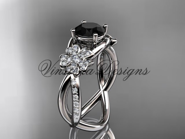 14kt white gold diamond Cherry Blossom flower, Sakura engagement ring Black Diamond VD8090