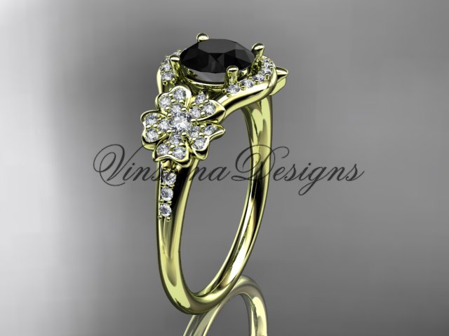 14kt yellow gold diamond Cherry Blossom flower, Sakura engagement ring Black Diamond VD8091