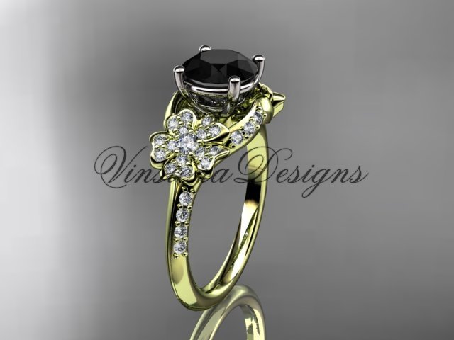 14kt yellow gold diamond Cherry Blossom flower, Sakura engagement ring Black Diamond VD8125