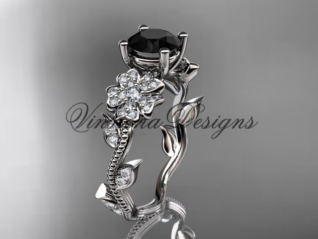 14kt white gold diamond Cherry Blossom flower, Sakura engagement ring, Black Diamond VD8151