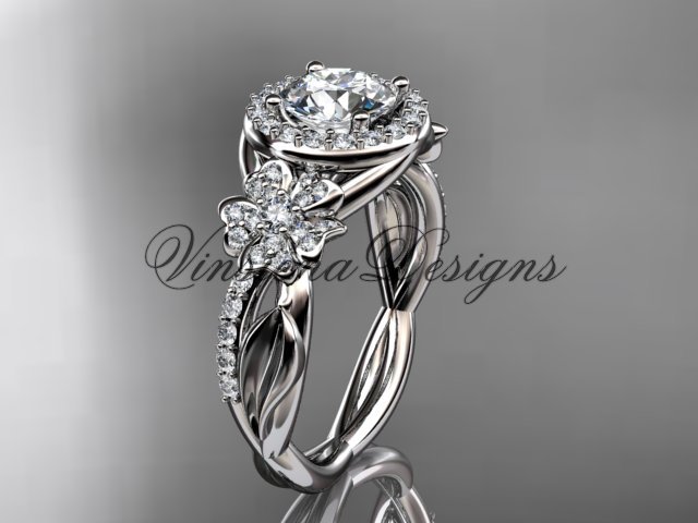 Platinum diamond Cherry Blossom flower, Sakura engagement ring One Moissanite VD10039
