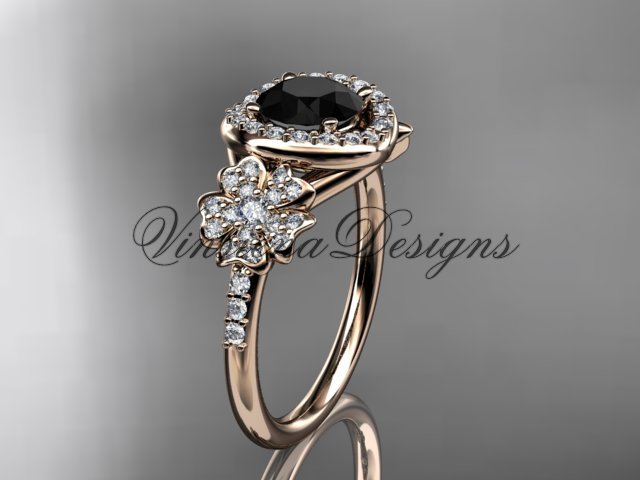 14kt rose gold diamond Cherry Blossom flower, Sakura engagement ring, Black Diamond VD8201