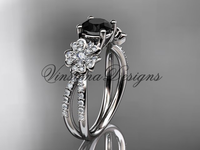 14kt white gold diamond Cherry Blossom flower, Sakura engagement ring Black Diamond VD8214