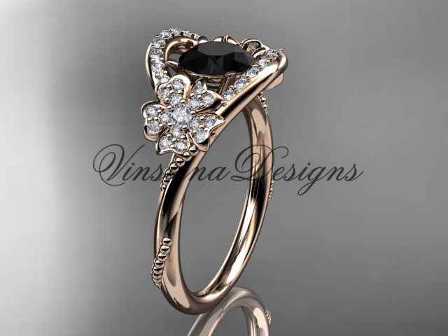 14kt rose gold diamond Cherry Blossom flower, Sakura engagement ring Black Diamond VD8326
